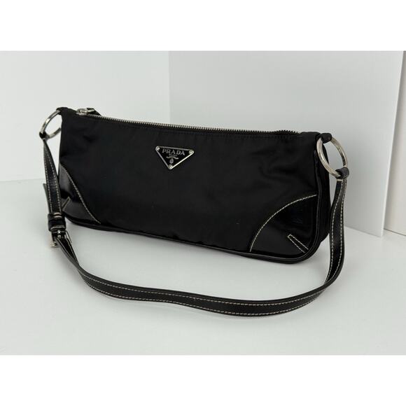 PRADA Black Tessuto Nylon & Leather Pochette Women's Shoulder Bag - Picture 1 of 13